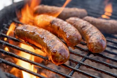 House-made bratwurst sizzling on the grill